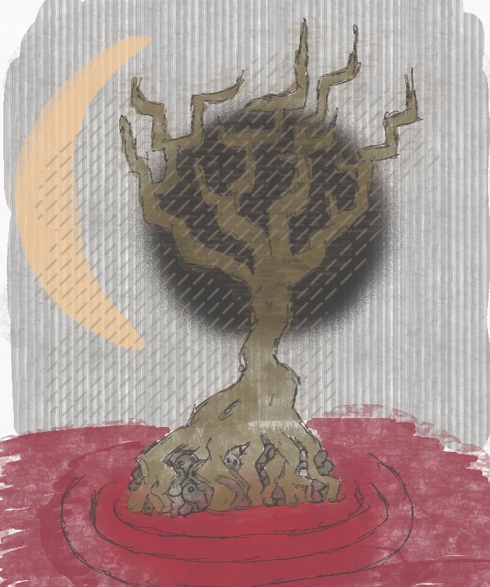 A tree with strange looking branches in a geometric formation in a pale almost olive colored wood that is growing atop black substrate in a crimson pool with a deeper crimson glow in it Waves ripple outwards from it's location Textures adorn the tree the water and the background behind the tree in an abstract sense that suggest deeper textures and formations are there without pinning down what they are Behind the tree is what looks like the sun but black A crescent moon in a golen pale color is off to the side In a similar color a series of vertical lines is coming down diagonally from some spots of the tree